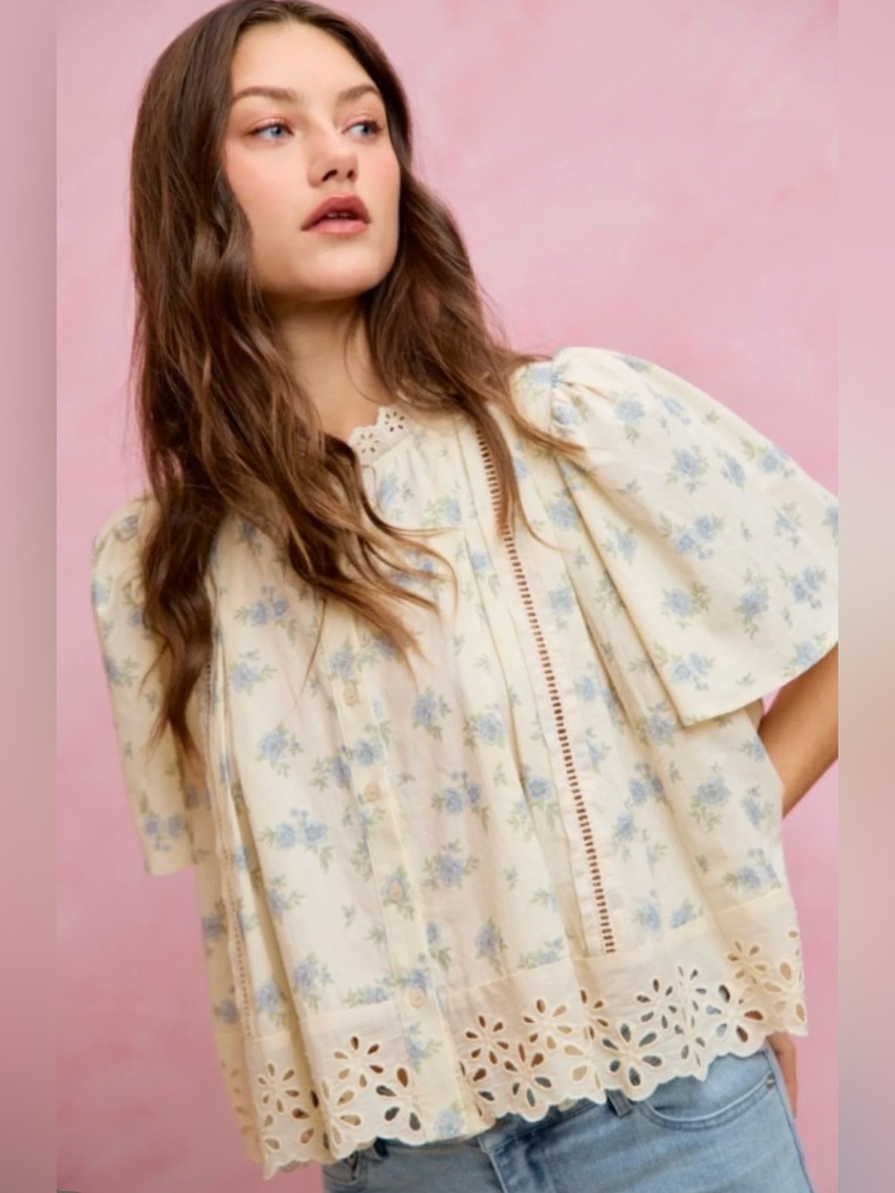 So Me Floral Print Lace Trim Blouse Top in Blue